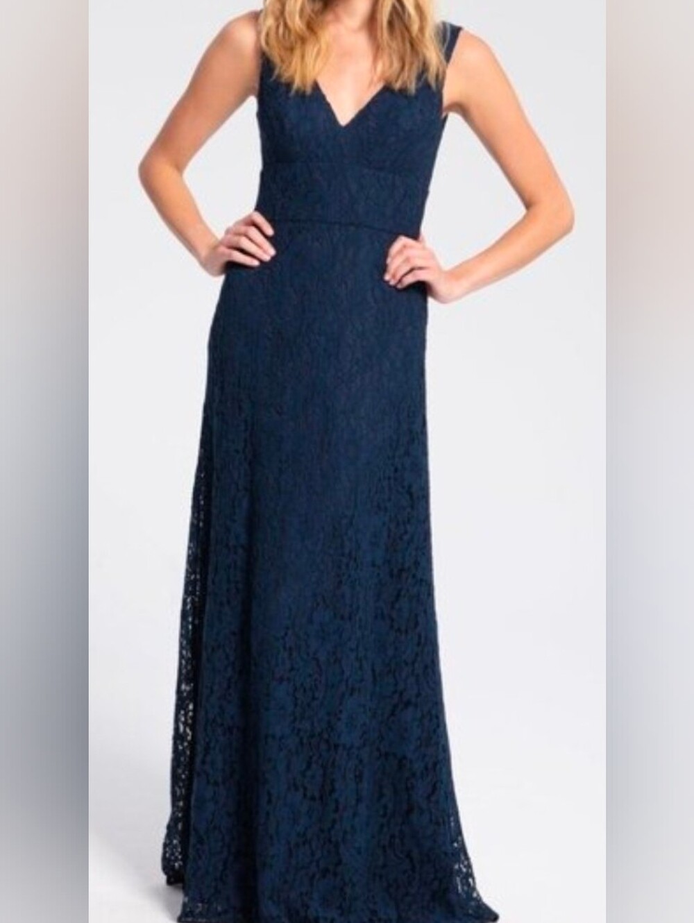 Hayley Paige NWT Occasions Navy Blue Lace V-Neck Maxi Gown Dress Size 10